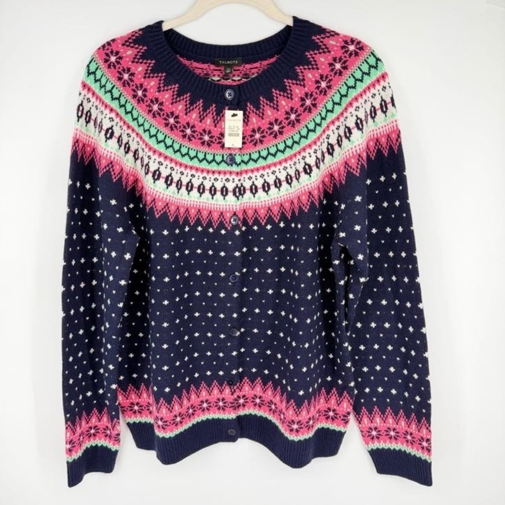 NEW Talbots Fair Isle Lambswool Button Up Cardigan Sweater XL Navy Pink Holiday